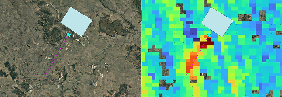 Figure 1. Example cross-sectional flux calculation for a methane emission from the mine, in the Bowen region, on 6 October 2019. The pale blue box indicates the upwind area used to calculate background CH4. The pink line indicates the major axis of the wind vector. The small aqua box indicates the suggested point of origin. The TROPOMI CH4 data is shown in the bottom image, with a plume clearly visible.