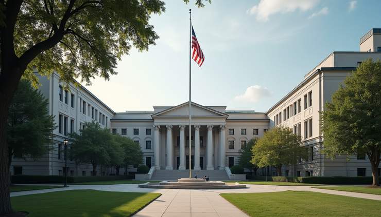 Eye-level view of a U.S. Department of State building with the American flag waving outside