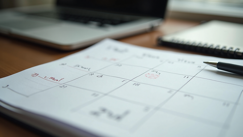 Close-up view of a planner and calendar on a desk