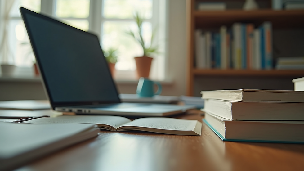 Eye-level view of a student desk with books and a laptop