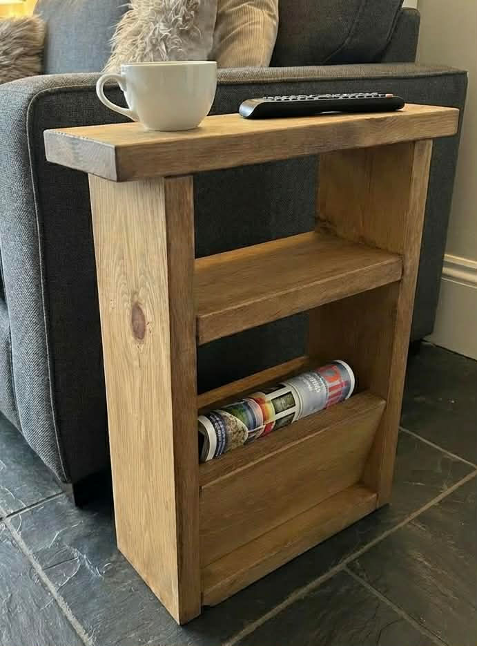 Thumbnail: Handmade Rustic Wooden Sofa Side Table with built in Paper Rack - Slimline