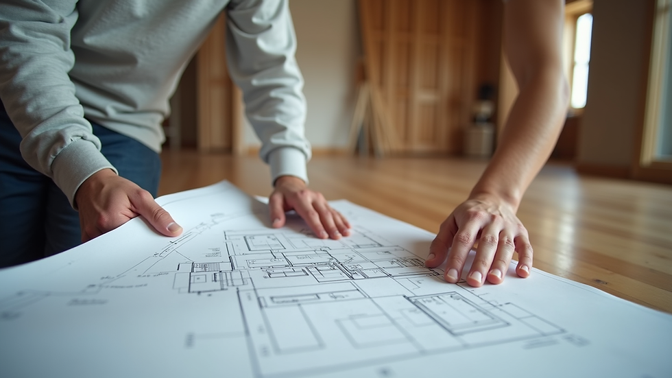 Eye-level view of a contractor reviewing home addition blueprints