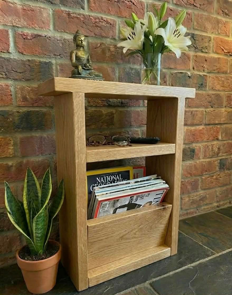 Thumbnail: Handmade Rustic Wooden Sofa Side Table with built in Paper Rack - Slimline