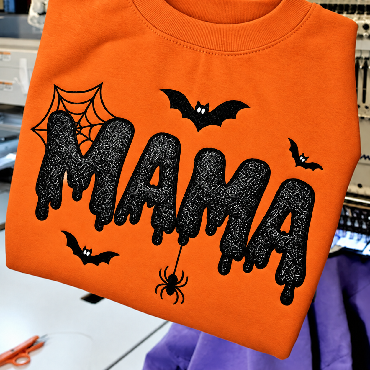 Spooky Halloween Mama Glitter Embroidered Sweater