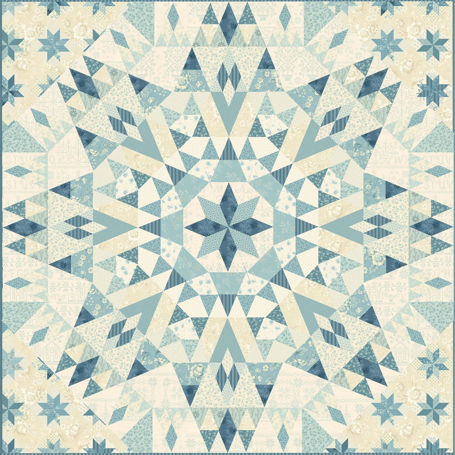 Montana Bluebird quilt pattern in blue and cream fabrics.