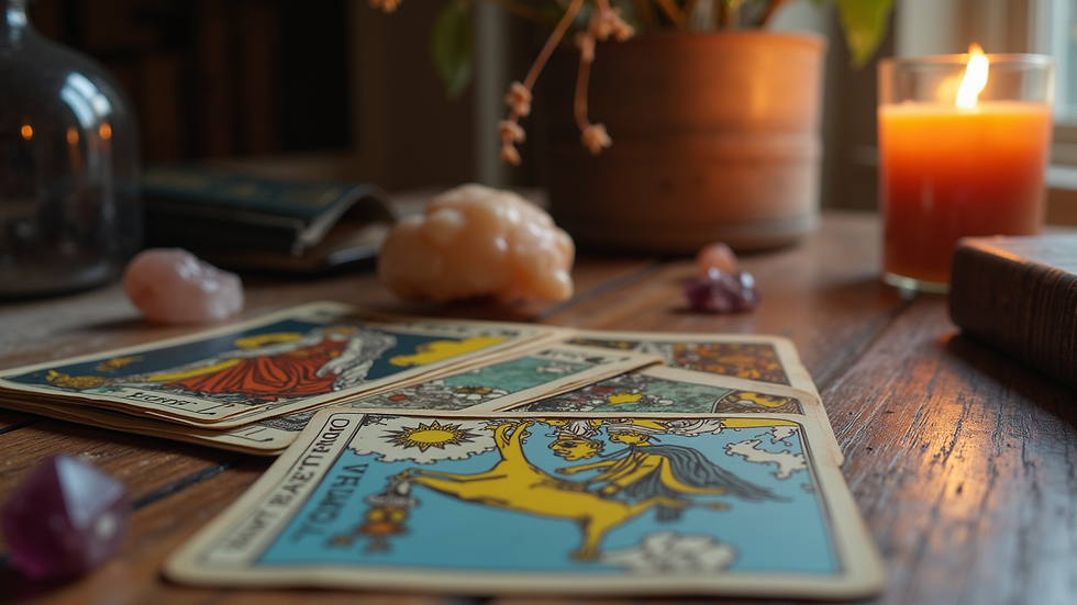 Eye-level view of a cozy desk with tarot cards and crystals