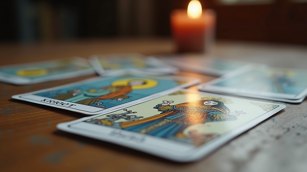 Close-up view of tarot cards spread on a wooden table