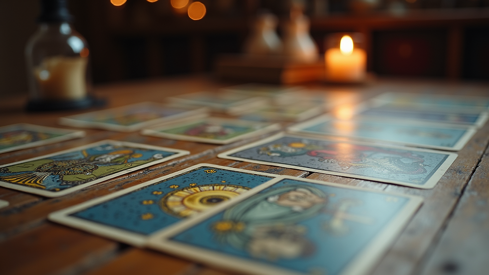 Eye-level view of tarot cards laid out on a wooden table
