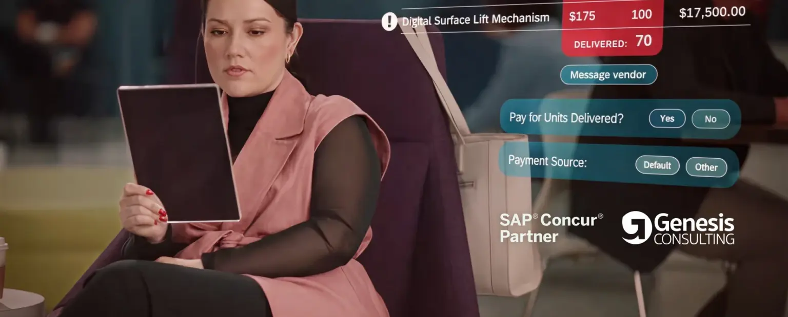 Professional reviewing an SAP Concur invoice on a tablet, with SAP Concur Partner and Genesis Consulting logos