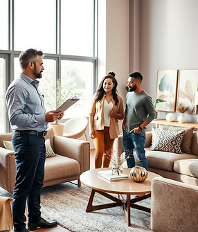 Here are the images depicting the scene of a man with a clipboard evaluating furniture alo