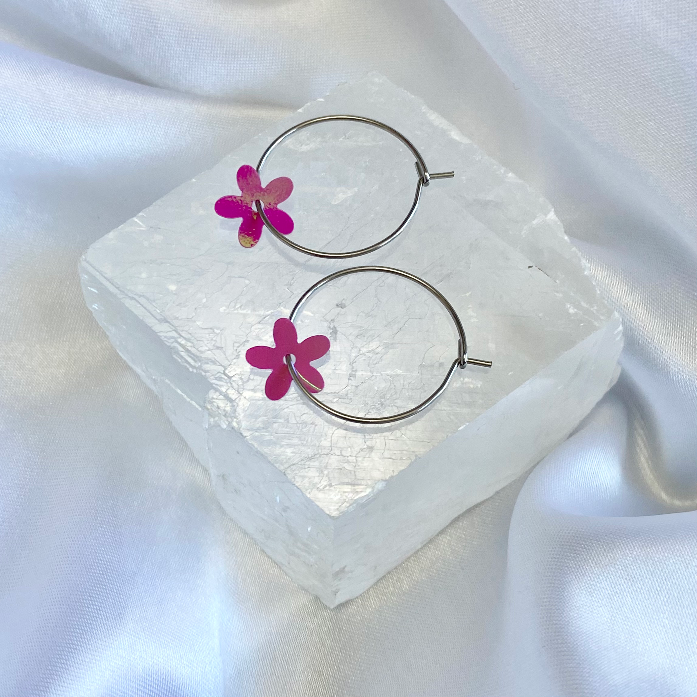 Pink AB Sequin Flower Hoop Earrings