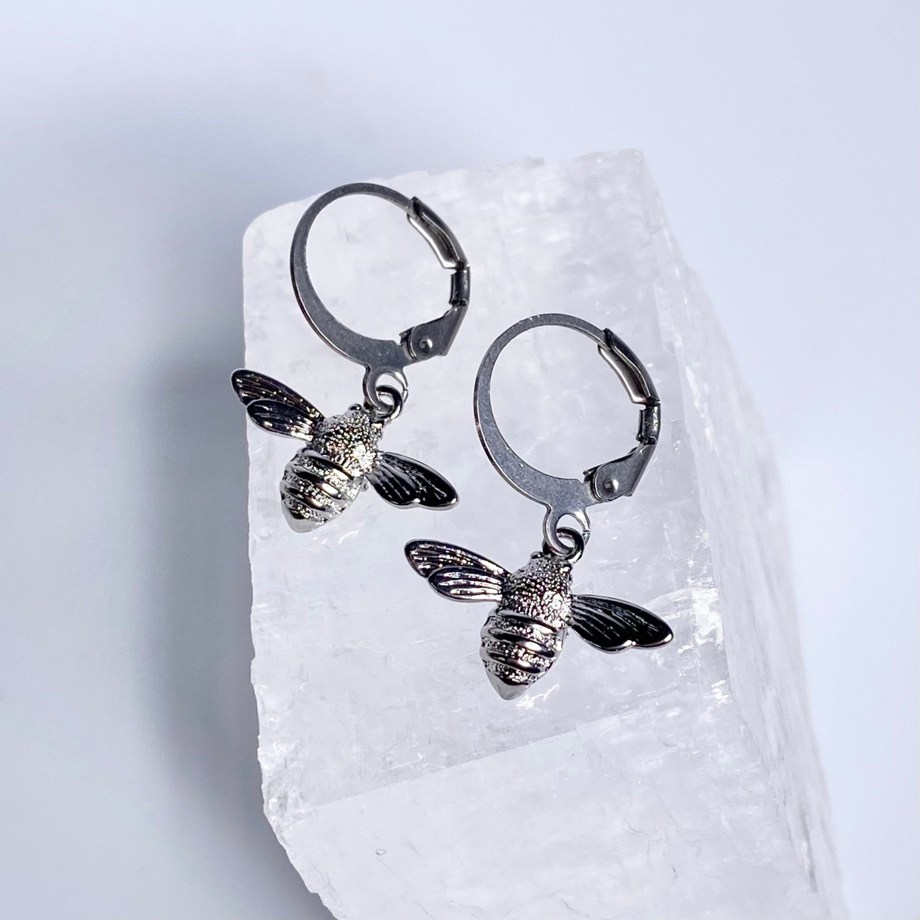 Silver Mini Realistic Bee Hoop Earrings