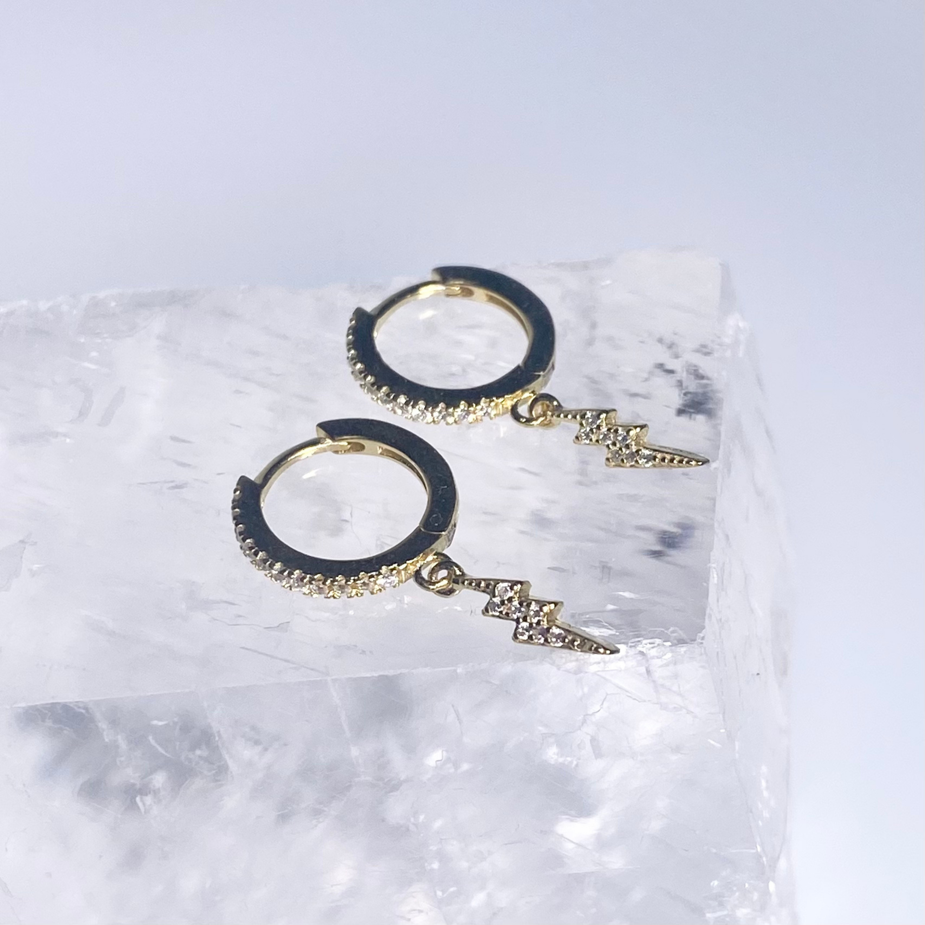 Gold Mini CZ Lightning Bolt Hoop Earrings