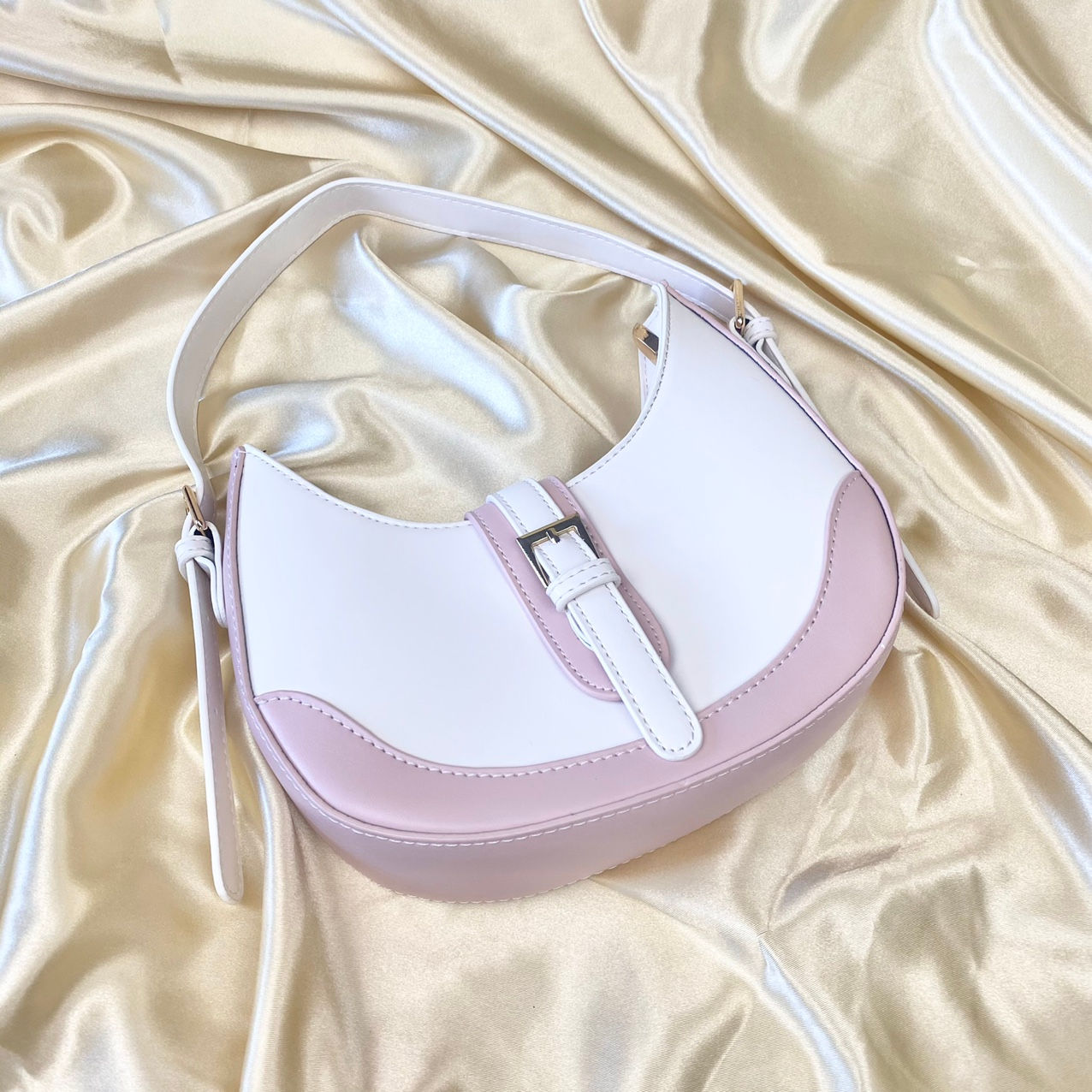 White & Dusty Pink Buckle Front Shoulder Bag
