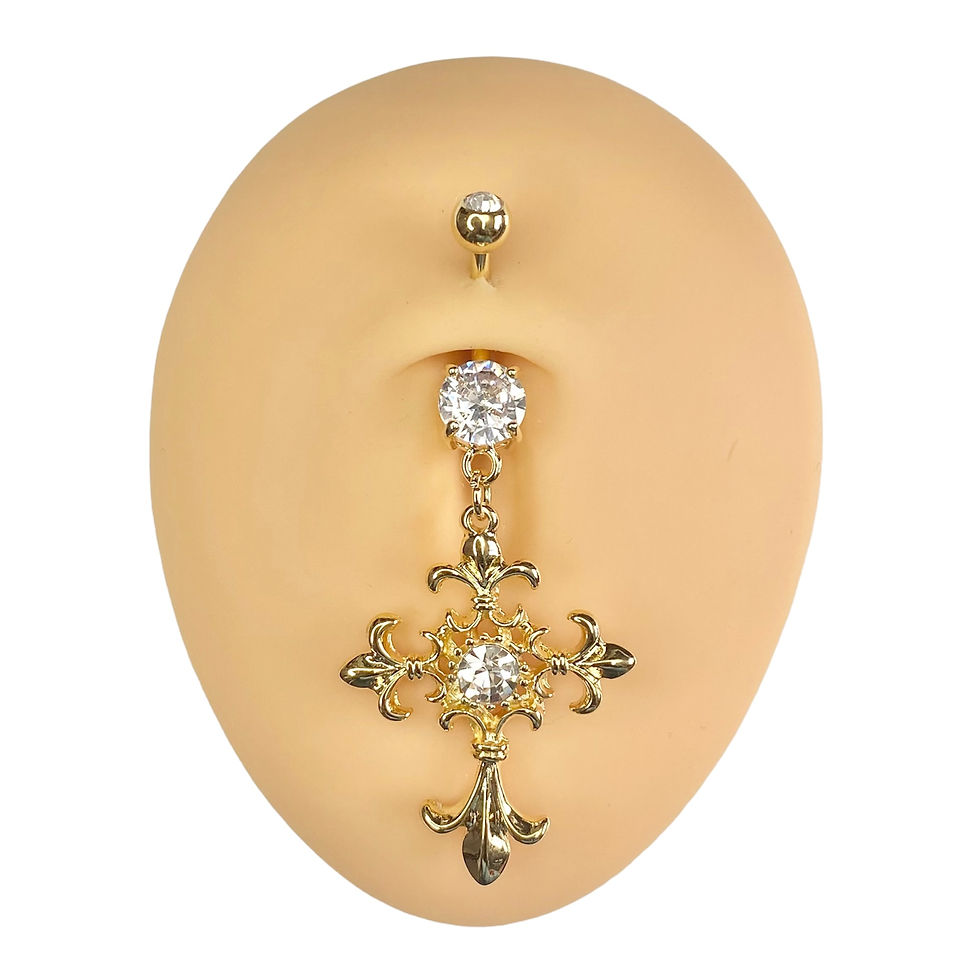 Gold Large Cross Crystal Center Dangle Belly Bar