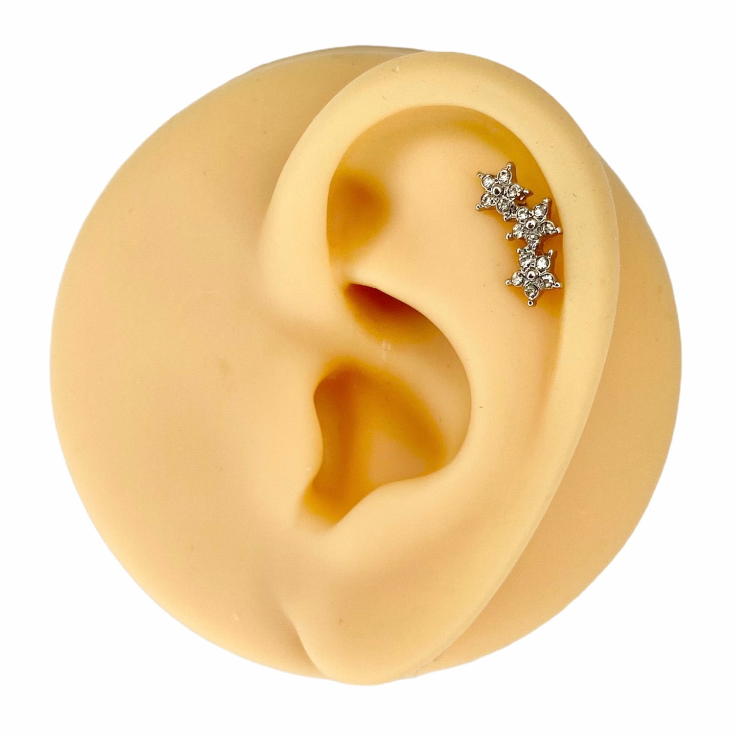 Silver Triple Crystal Flower Barbell Stud