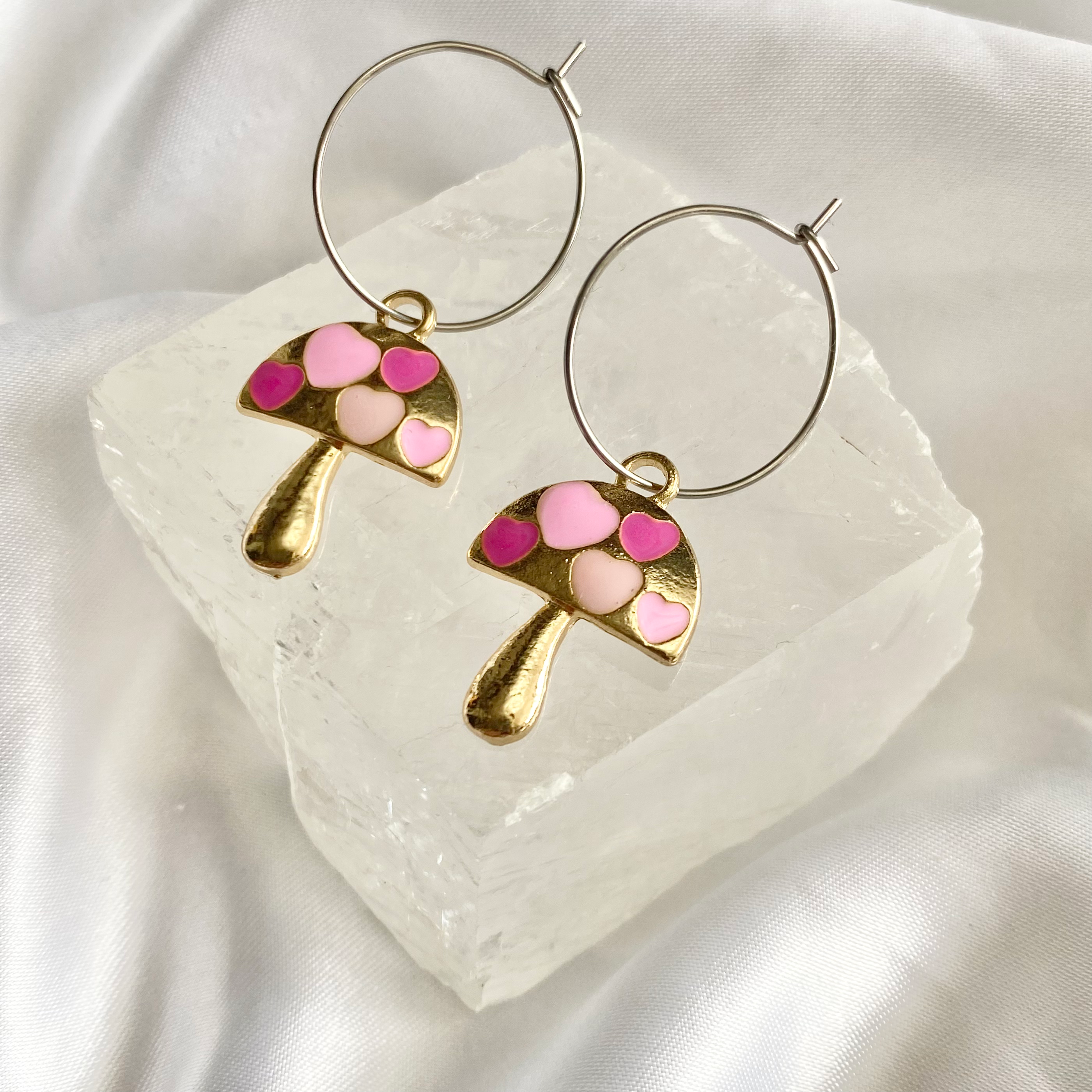 Pink Heart Mushroom Hoop Earrings