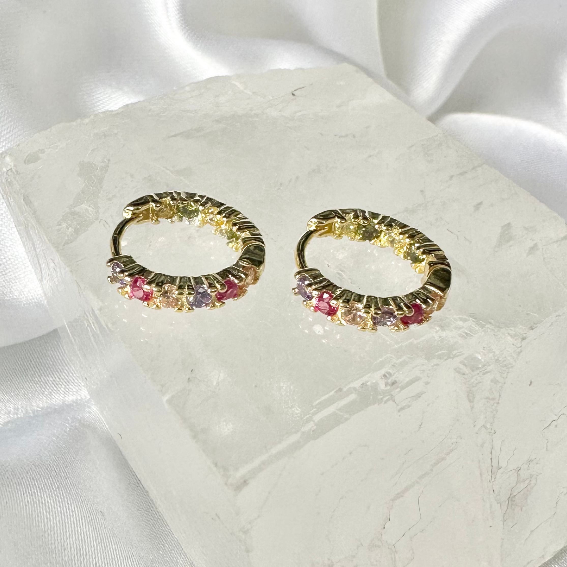 Gold Multicolour Pink & Purple CZ Hoop Earrings