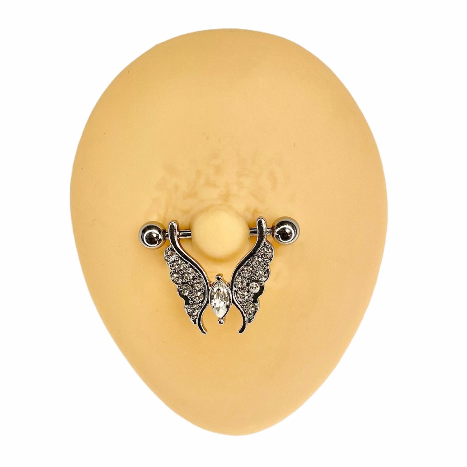 Silver Crystal Paved Butterfly Shield Nipple Bar