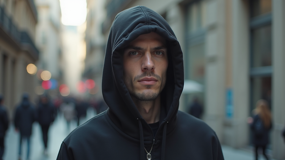 Close-up view of a man wearing an urban streetwear hoodie in a city setting