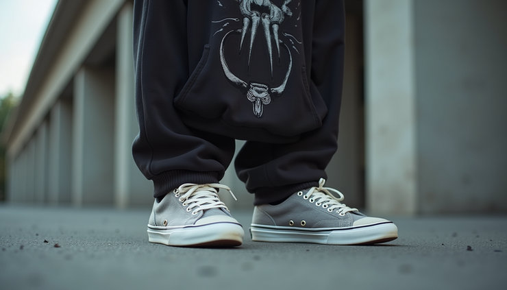 Close-up view of a modern streetwear outfit featuring a graphic hoodie and sneakers