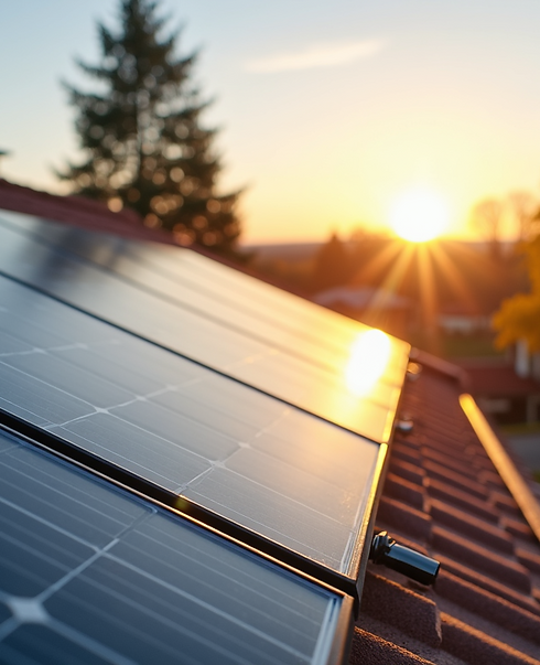 image of solar on tile roof with the sun setting in the background