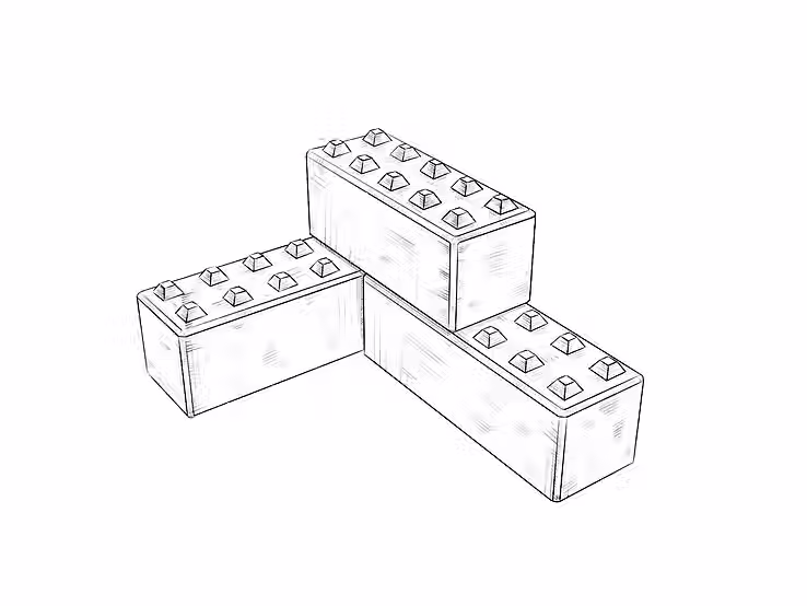 Sketch of three interlocking concrete blocks stacked together.