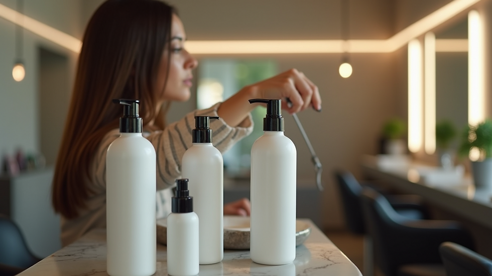 High angle view of a hair salon environment focusing on hair care products