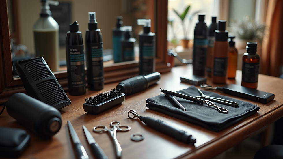 High angle view of a hair studio with curling products and tools
