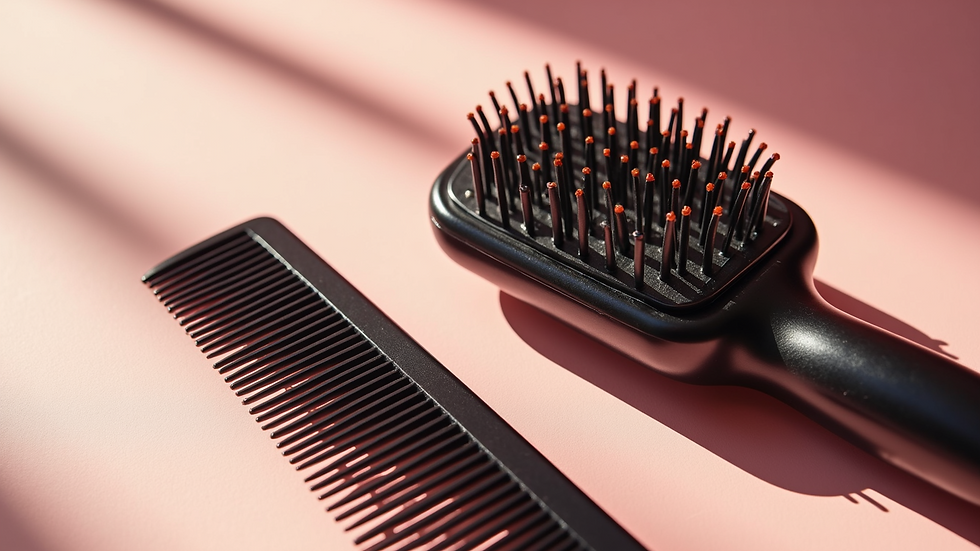 High angle view of a hair styling product and a wide tooth comb