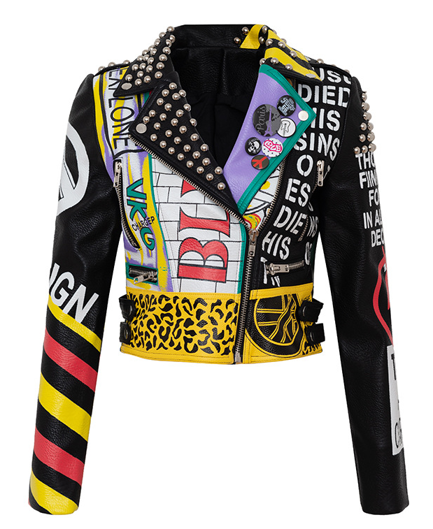 Thumbnail: Colorful Printed Woman Faux Leather Jacket Coat