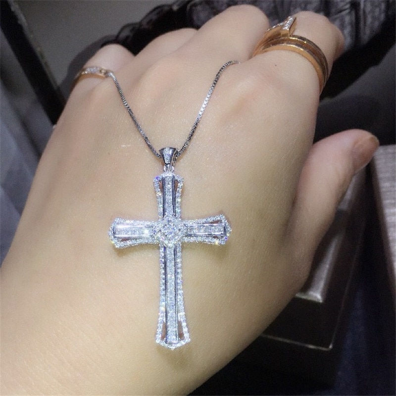 Thumbnail: 14K W GF/925 Sterling Silver Long Mojssanite Diamond Cross Pendant