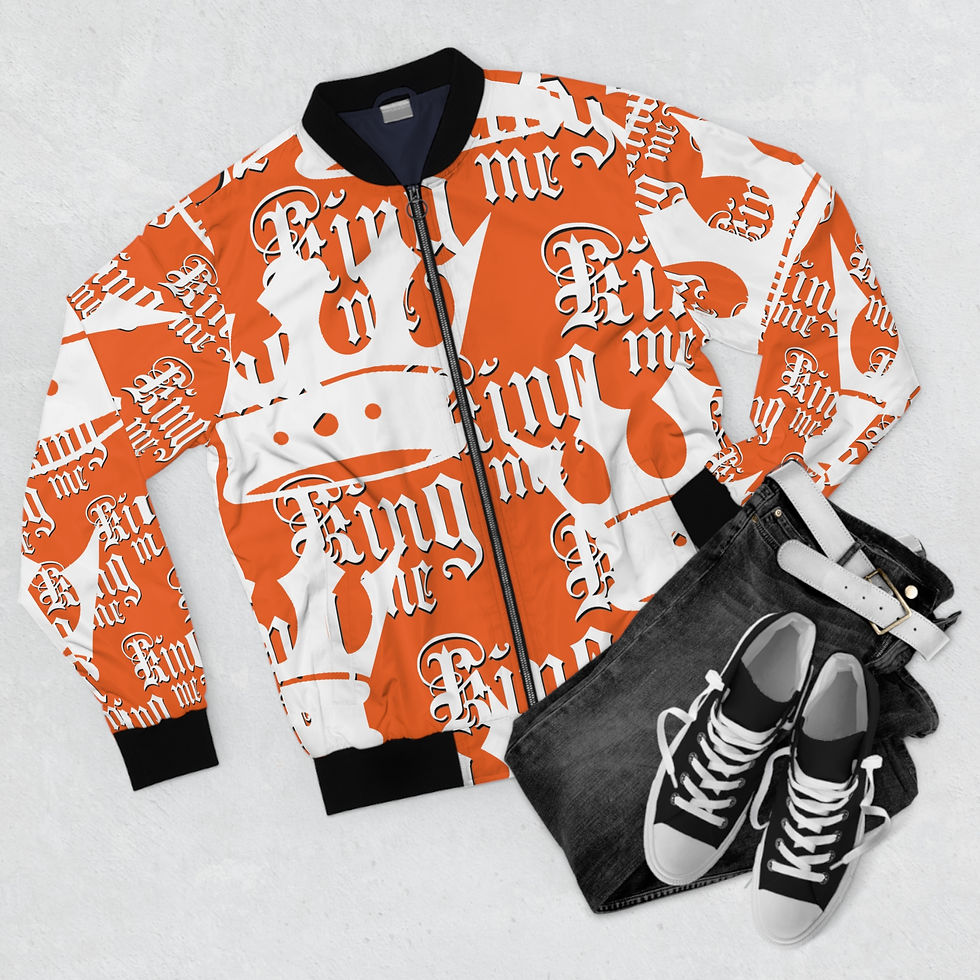 Thumbnail: Unisex Bomber Jacket KING ME Black Fire Orange Custom VVE Design, Streetwear