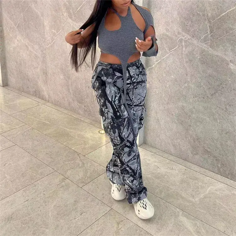Thumbnail: Women High Waist Cargo Pants Pocket Side Camouflage