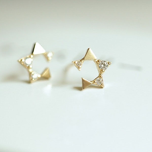 Thumbnail: 925 Sterling Silver Japanese Micro Inlaid Crystal  Star 14k GF Earrings
