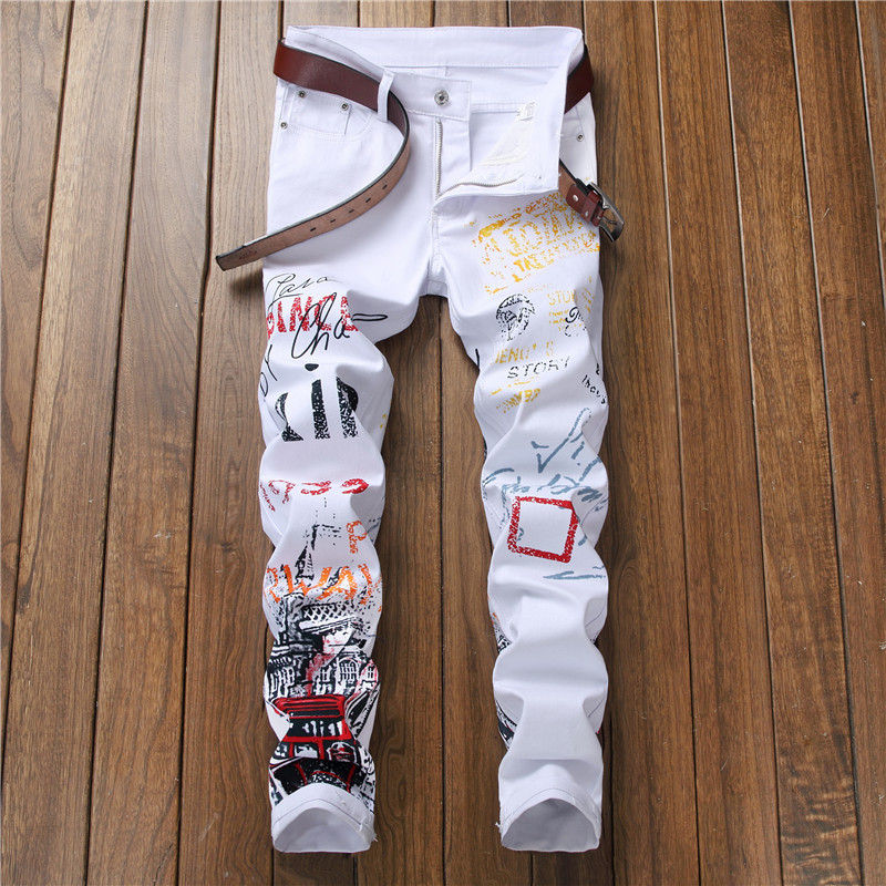 Thumbnail: Graffiti Print Men Biker Jeans Plus Size Skinny Stretch Straight Denim