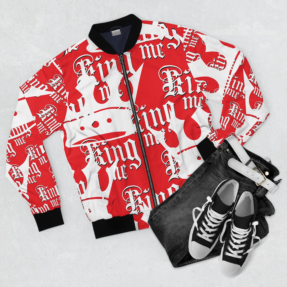 Thumbnail: Unisex Bomber Jacket KING ME Black Candy Apple Red Custom VVE Design, Streetwear