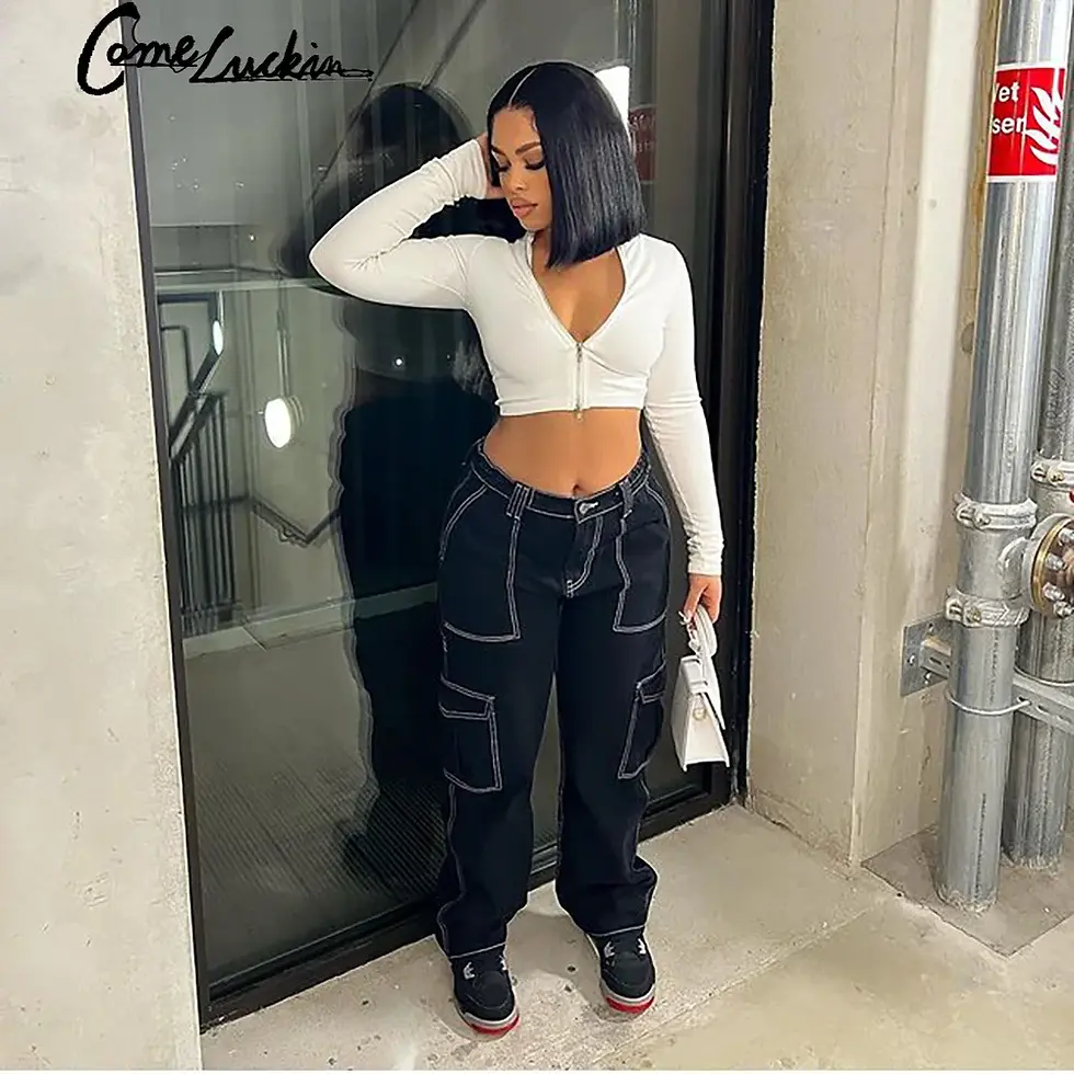 Thumbnail: High‑Waisted Baggy Cargo Pants – Black Gothic Streetwear