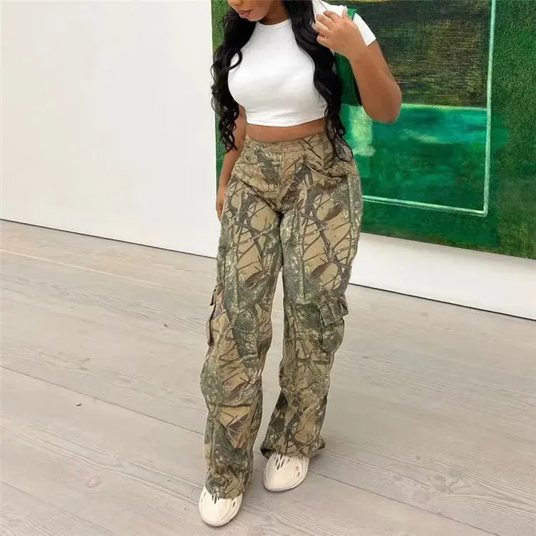 Thumbnail: Women High Waist Cargo Pants Pocket Side Camouflage