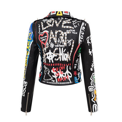 Thumbnail: Fashion Custom Printing Graffiti Rivet Studs Biker Motorcycle Leather Jacket