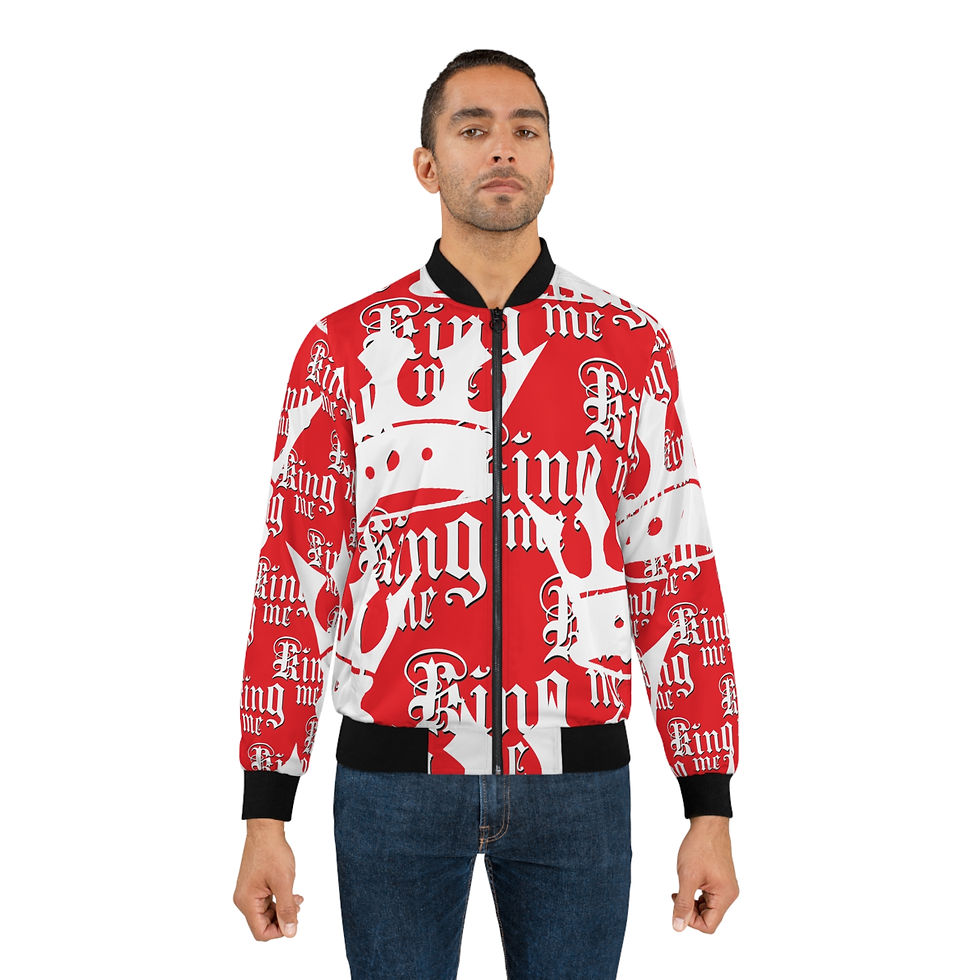 Thumbnail: Unisex Bomber Jacket KING ME Black Candy Apple Red Custom VVE Design, Streetwear