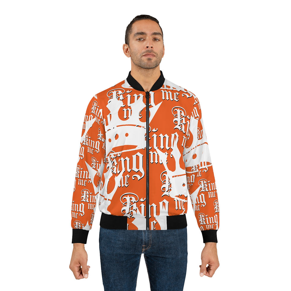Thumbnail: Unisex Bomber Jacket KING ME Black Fire Orange Custom VVE Design, Streetwear