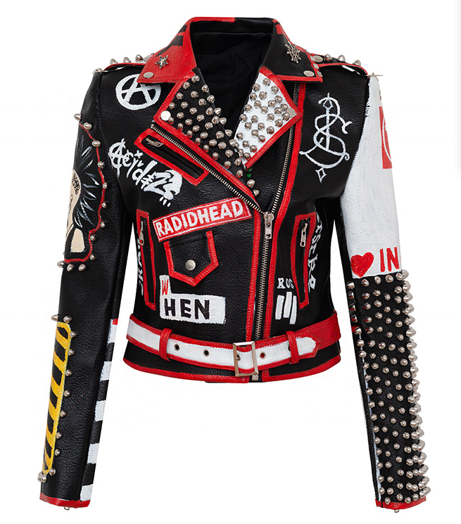 Thumbnail: Colorful Printed Woman Faux Leather Jacket Coat