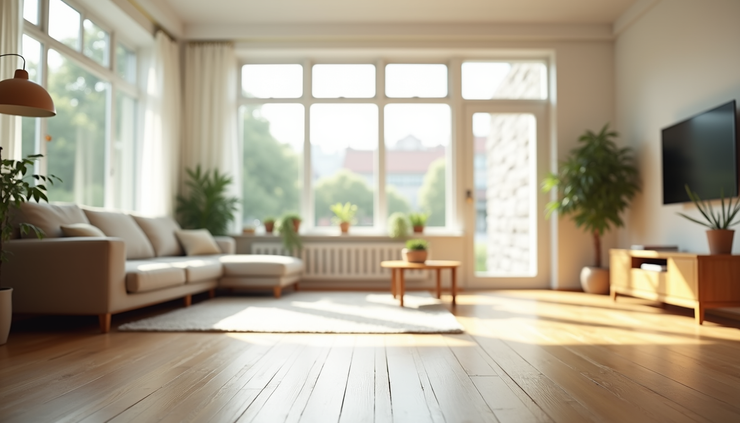 Eye-level view of a bright living room with large windows and clean hardwood floors