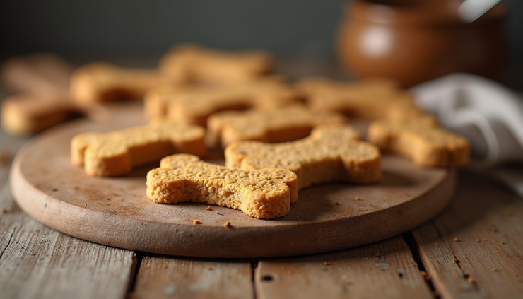 Close-up view of freshly baked all-natural dog treats on a wooden table