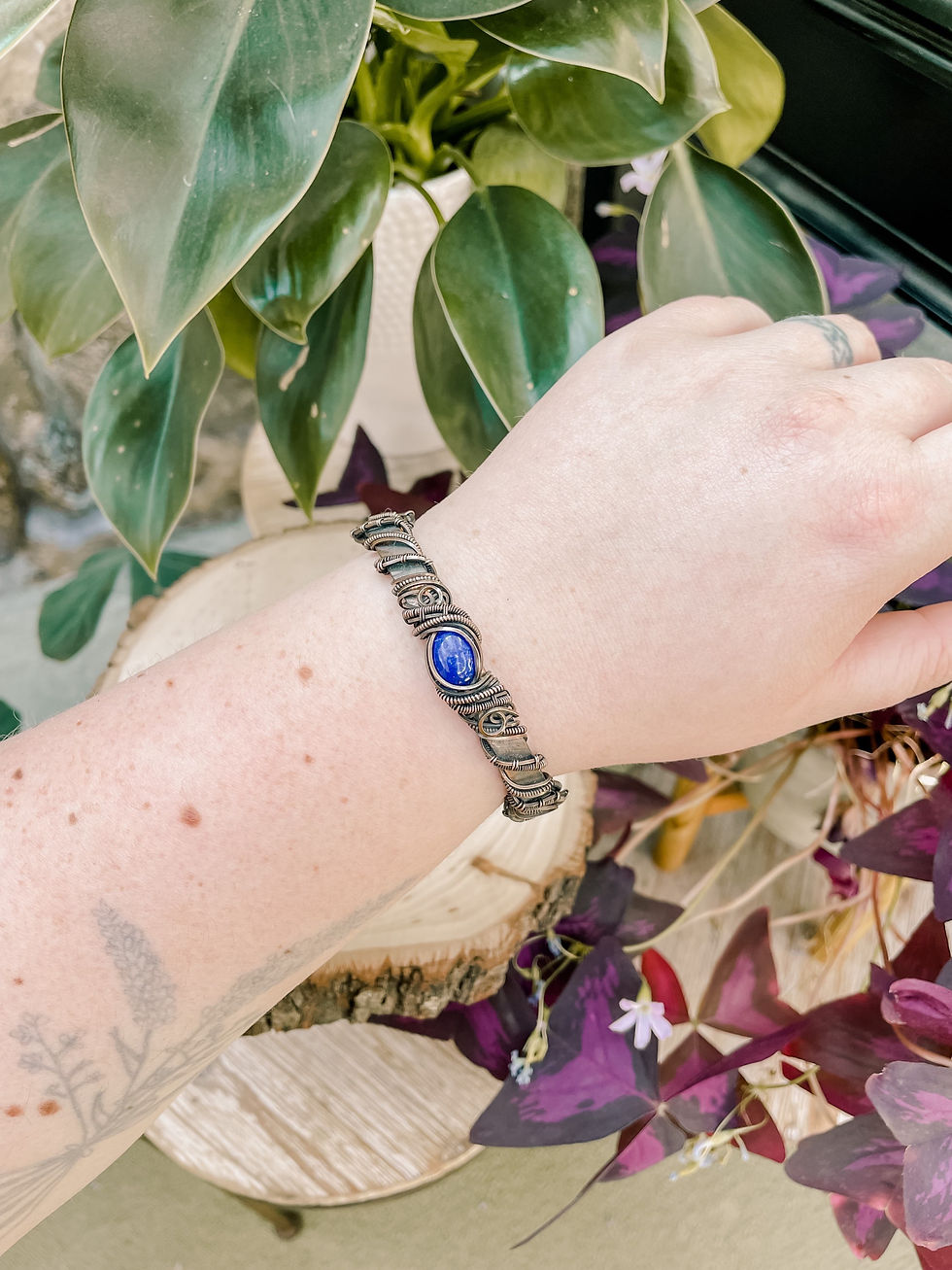 Thumbnail: Lapis Lazuli Intricate Cuff in Antiqued Copper