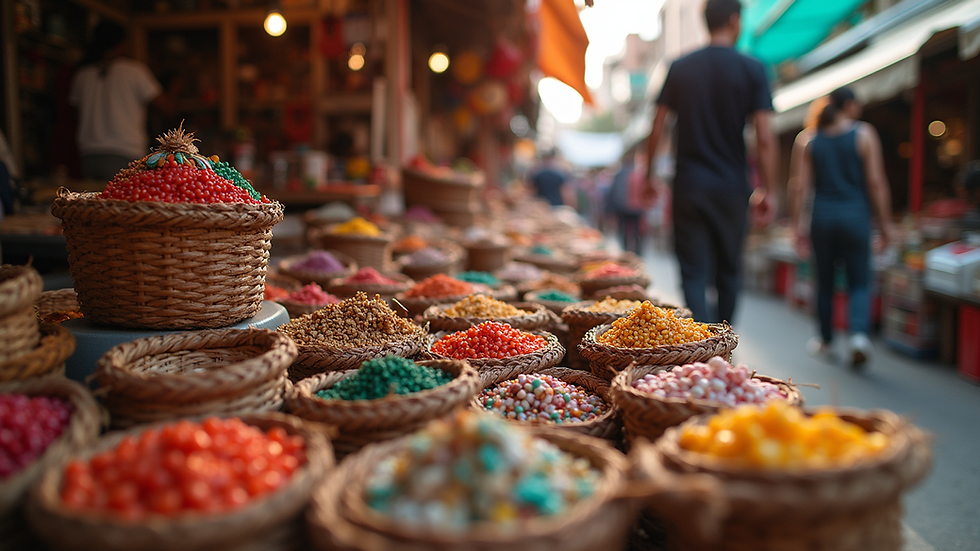 Eye-level view of a colorful market stall filled with handmade crafts