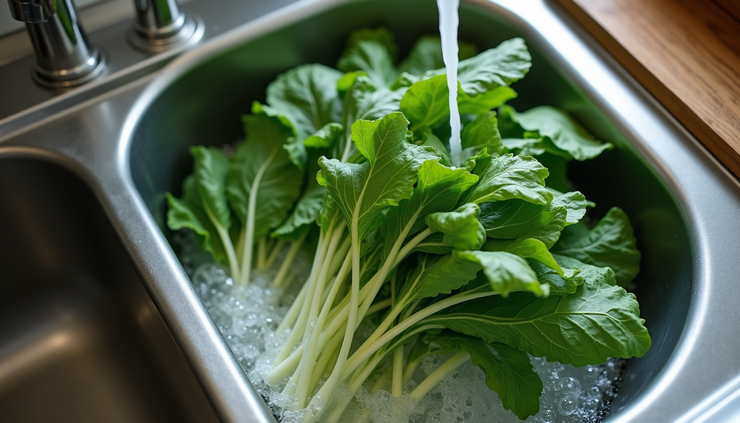 High angle view of fresh leafy greens being washed in a kitchen sink