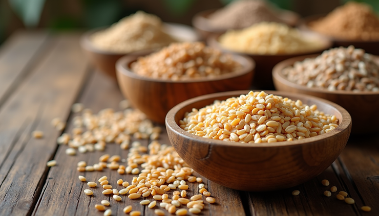 Close-up view of assorted whole grains in wooden bowls