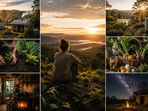 Collage of an off-grid homestead featuring a rustic cabin with solar panels, vegetable gardens, homegrown produce, wood-fired living, hands planting seedlings, a peaceful mountain landscape and a star-filled night sky, symbolising sustainable living and a deeper connection with nature.
